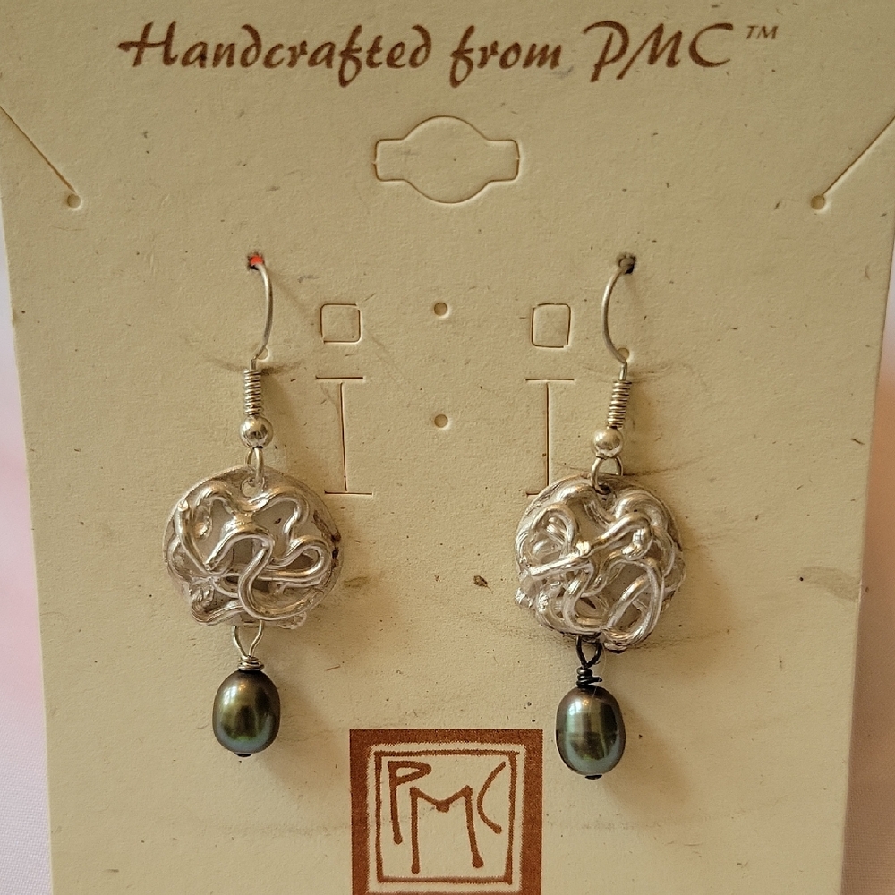 Hand Made Sterling Silver and Black Pearl Coquette Girl Earrings